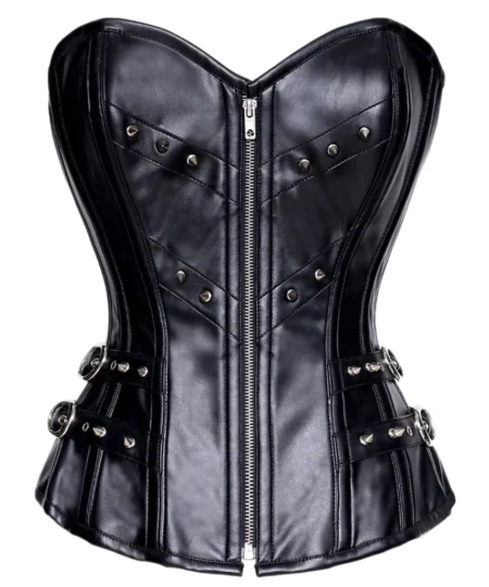 Black Gothic Leather Zipper Corset waisttraine.com