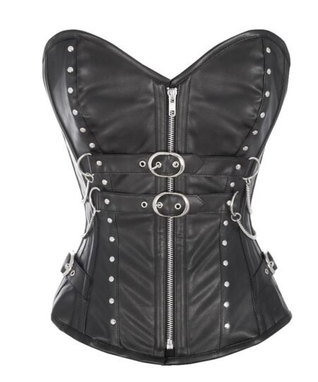 Black Leather Corset With Silver Studs waisttraine.com