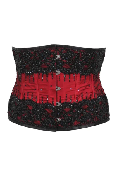 Red Satin Beaded Couture Underbust Corset waisttraine.com