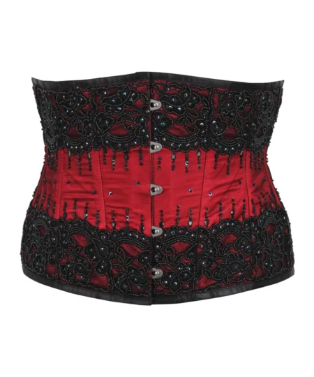 Red Satin Beaded Couture Underbust Corset waisttraine.com