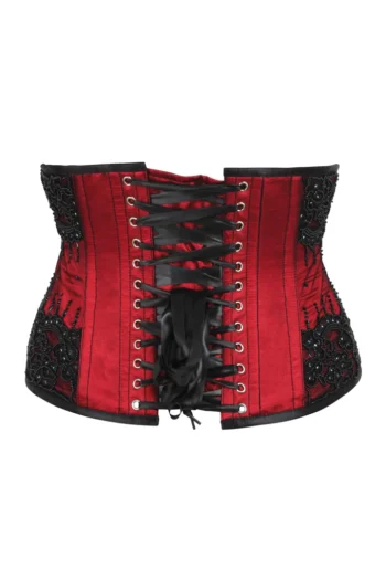 Red Satin Beaded Couture Underbust Corset waisttraine.com