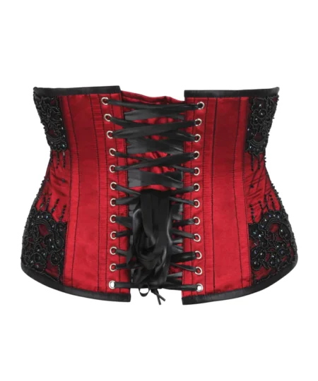 Red Satin Beaded Couture Underbust Corset waisttraine.com
