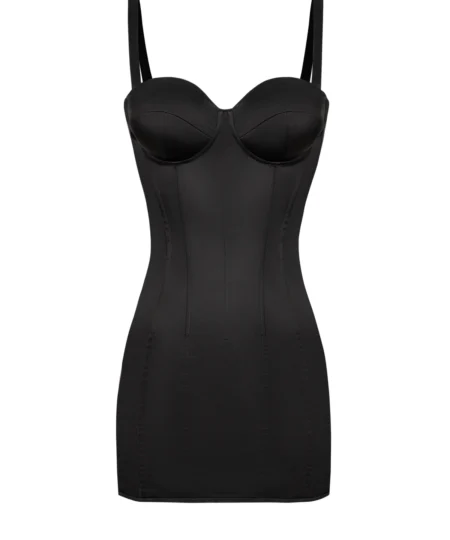 Black Satin Corset Dress With Sleeves waisttraine.com
