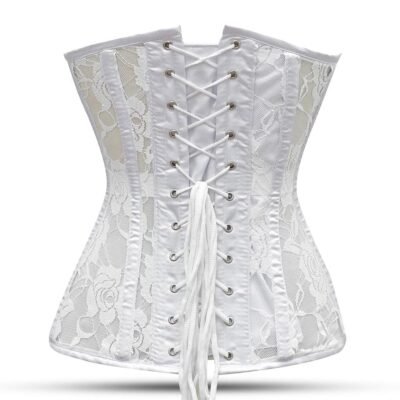 White steel boned overbust corset with mesh bustier https://waisttraine.com/