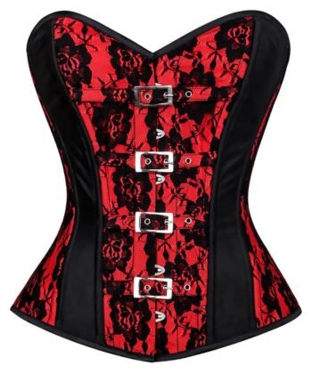 Red and Black Mesh Overbust Corset with Buckled-up