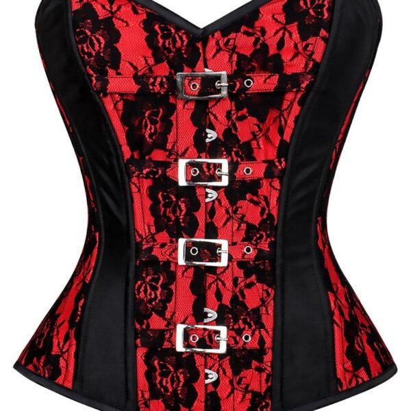 Red and Black Mesh Overbust Corset with Buckled-up