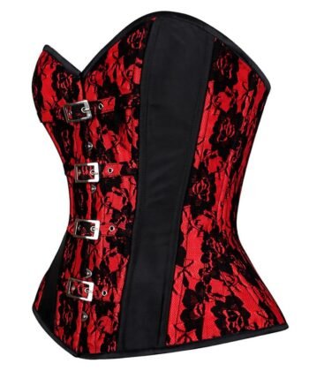 Red and Black Mesh Overbust Corset with Buckled-up