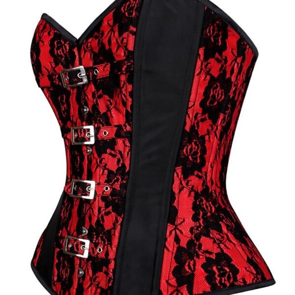 Red and Black Mesh Overbust Corset with Buckled-up