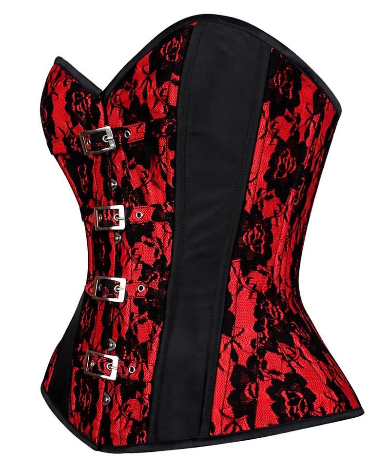Red and Black Mesh Overbust Corset with Buckled-up