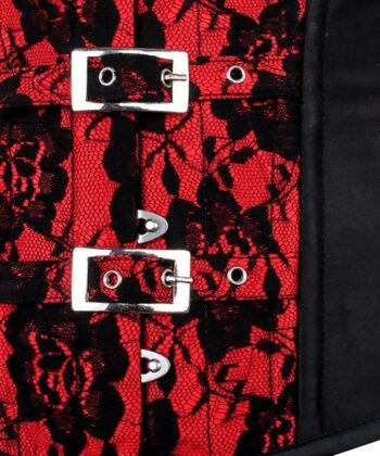 Red and Black Mesh Overbust Corset with Buckled-up