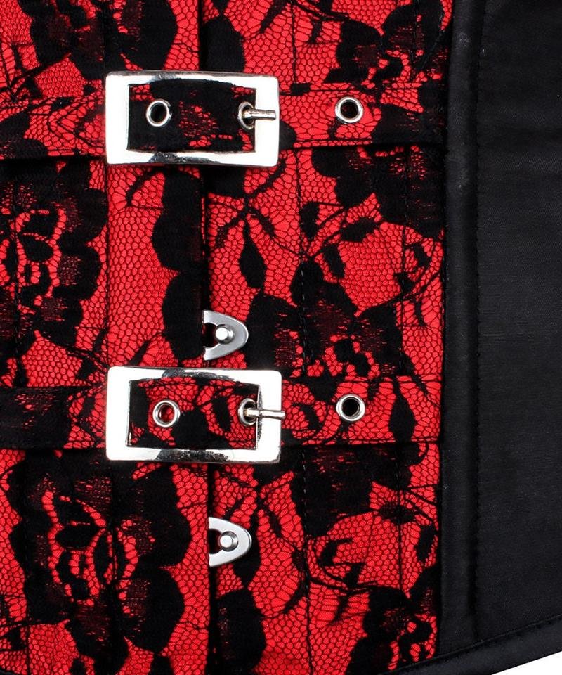 Red and Black Mesh Overbust Corset with Buckled-up