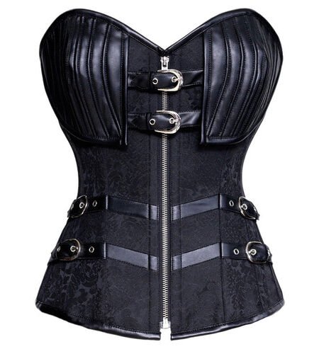 Gothic Black Steel Boned Overbust Corset with Buckle