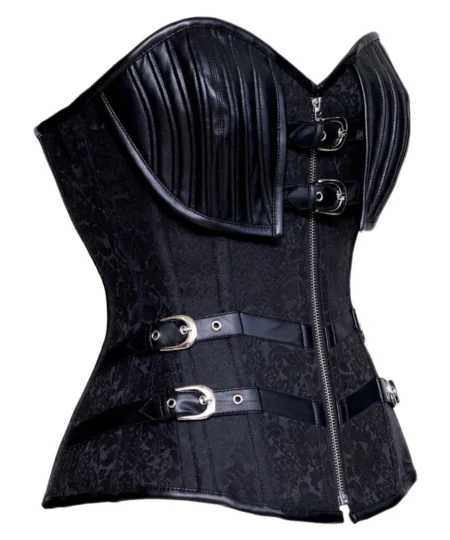 Gothic Black Steel Boned Overbust Corset with Buckle