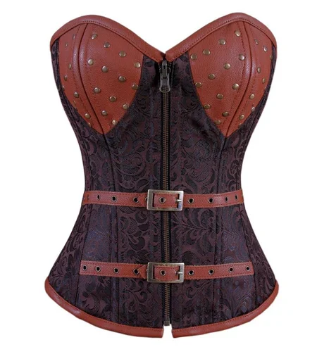 Steampunk Leather Overbust Corset Coffee Black