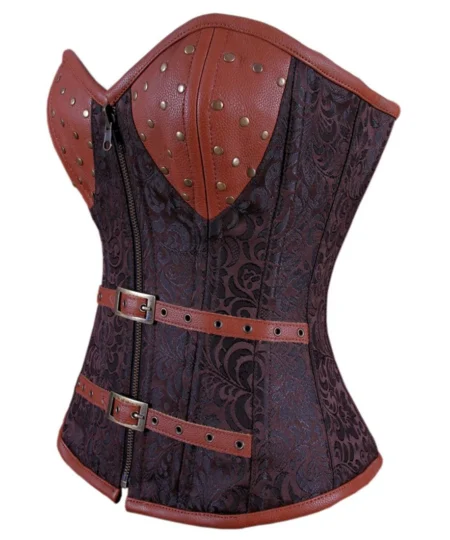 Steampunk Leather Overbust Corset Coffee Black