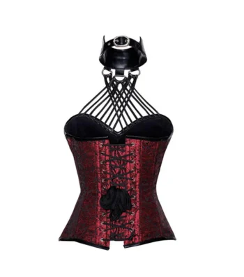 Red Brocade & Black Faux Leather Overbust Halter Neck Corset