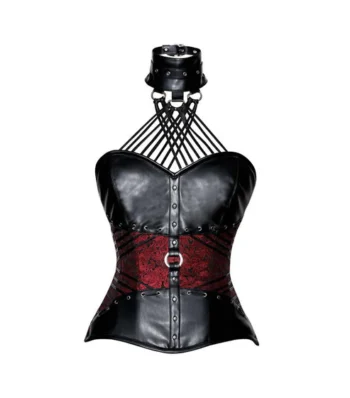 Red Brocade & Black Faux Leather Overbust Halter Neck Corset