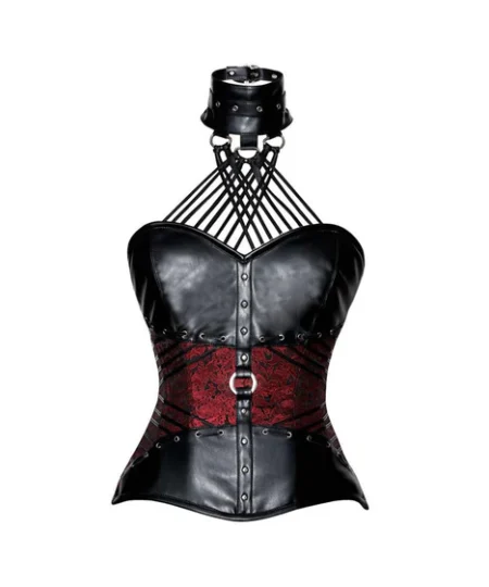 Red Brocade & Black Faux Leather Overbust Halter Neck Corset
