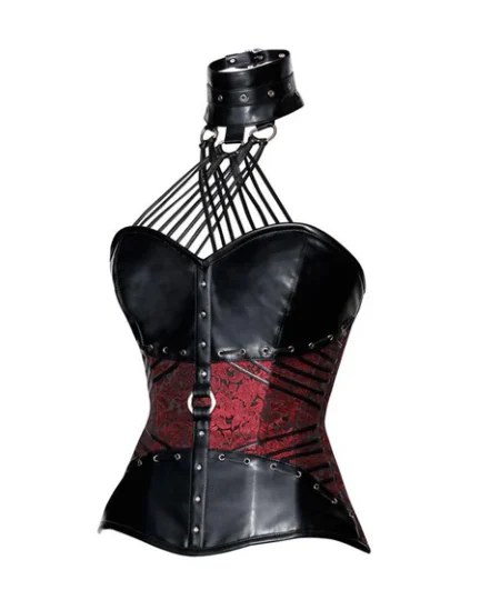 Red Brocade & Black Faux Leather Overbust Halter Neck Corset