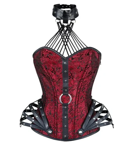 Red Brocade & Black Leather Halter Neck Overbust Corset