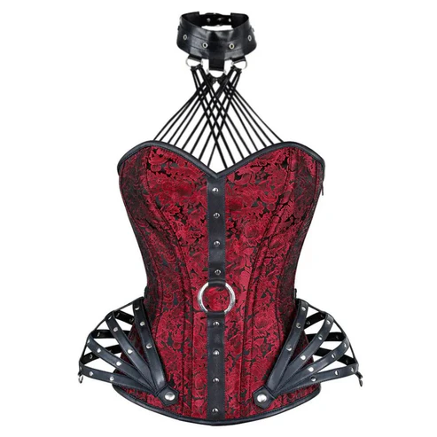 Red Brocade & Black Leather Halter Neck Overbust Corset