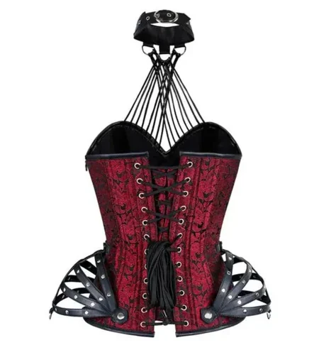 Red Brocade & Black Leather Halter Neck Overbust Corset