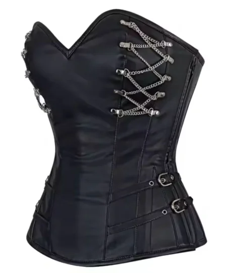 Black Faux Leather Waist Reducing Overbust Corset