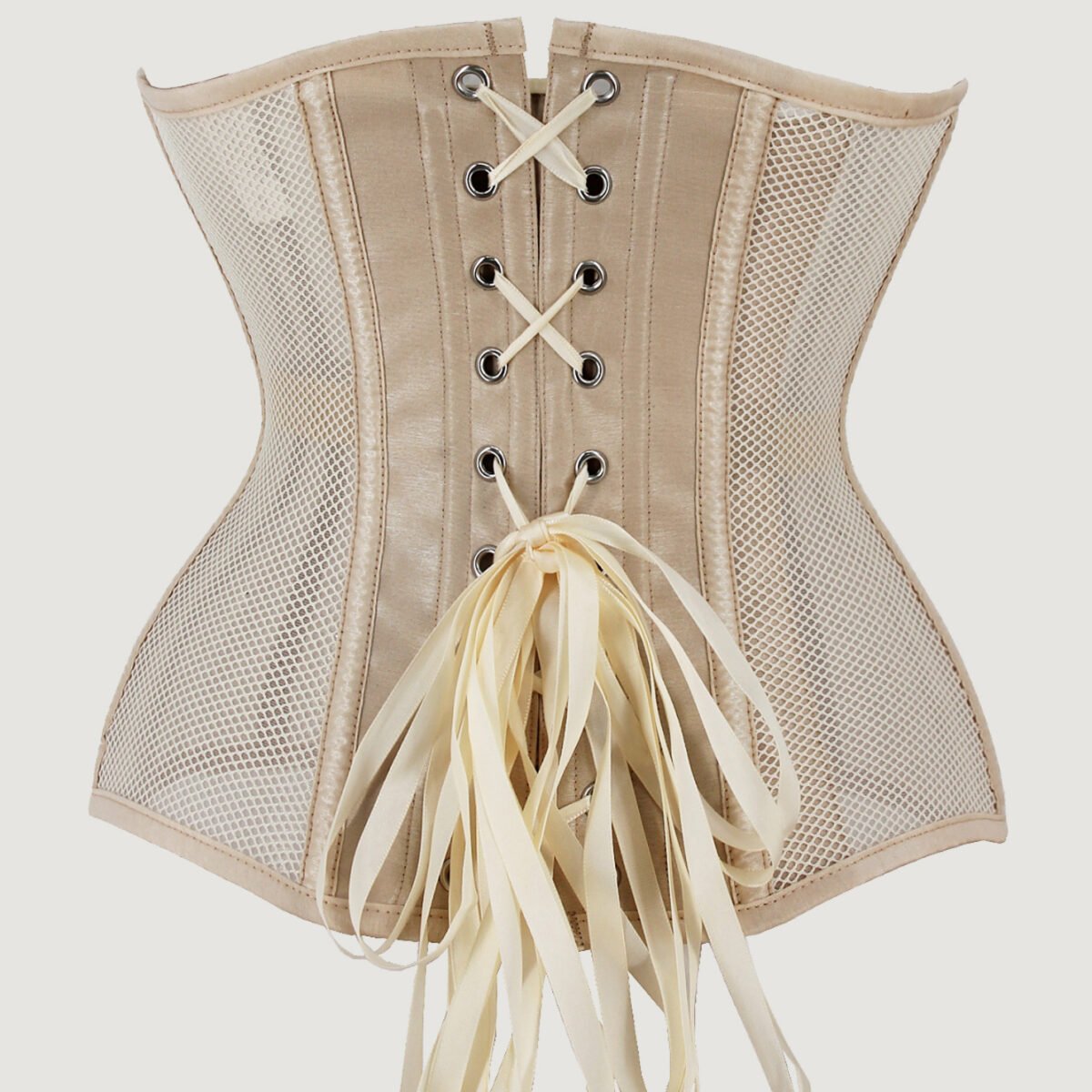Beige mesh with corset steel boned underbust waist trainer https://waisttraine.com/