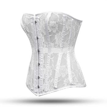 White steel boned overbust corset with mesh bustier https://waisttraine.com/
