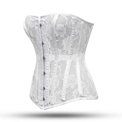 White steel boned overbust corset with mesh bustier https://waisttraine.com/