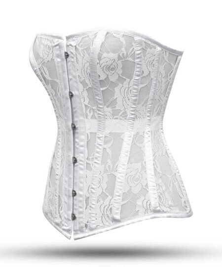 White steel boned overbust corset with mesh bustier https://waisttraine.com/