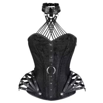 Black Brocade & Leather Halter Neck Overbust Corset