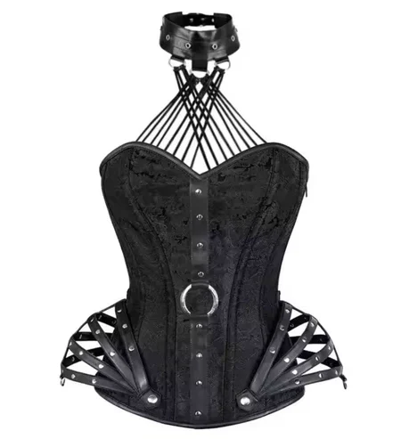 Black Brocade & Leather Halter Neck Overbust Corset