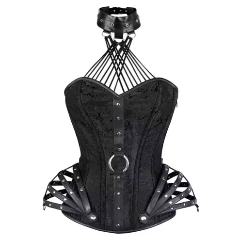 Black Brocade & Leather Halter Neck Overbust Corset