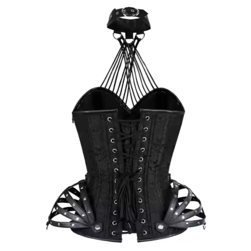 Black Brocade & Leather Halter Neck Overbust Corset
