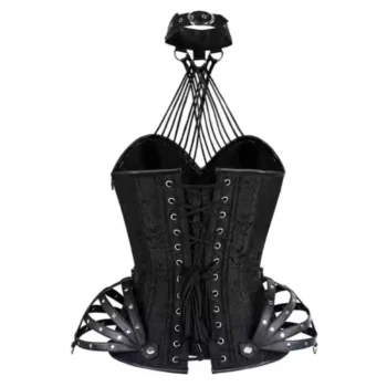 Black Brocade & Leather Halter Neck Overbust Corset