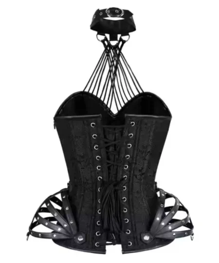 Black Brocade & Leather Halter Neck Overbust Corset