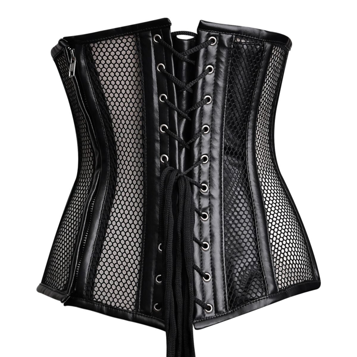 Black leather half bust corset with mesh https://waisttraine.com/