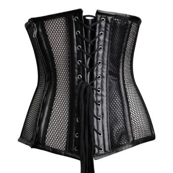 Black leather half bust corset with mesh https://waisttraine.com/