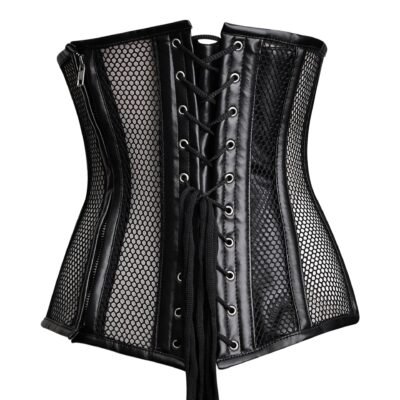 Black leather half bust corset with mesh https://waisttraine.com/