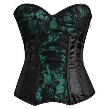 Green and black steel boned overbust corset with mesh https://waisttraine.com/
