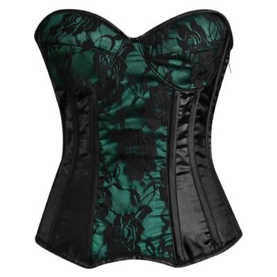 Green and black steel boned overbust corset with mesh https://waisttraine.com/