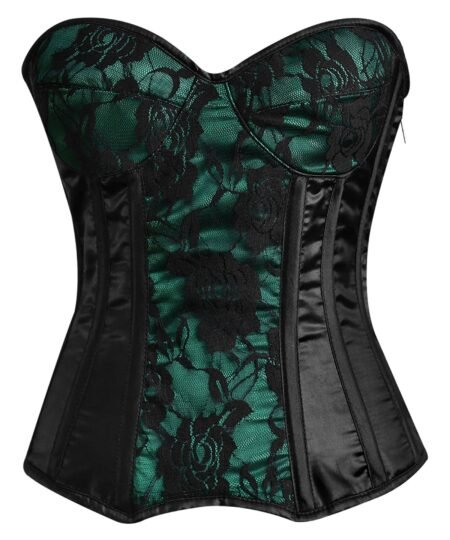Green and black steel boned overbust corset with mesh https://waisttraine.com/