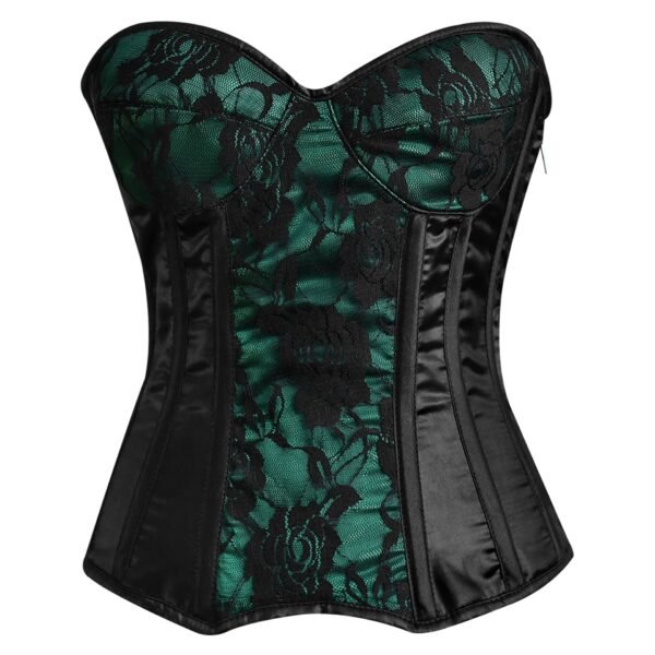 Green and black steel boned overbust corset with mesh https://waisttraine.com/