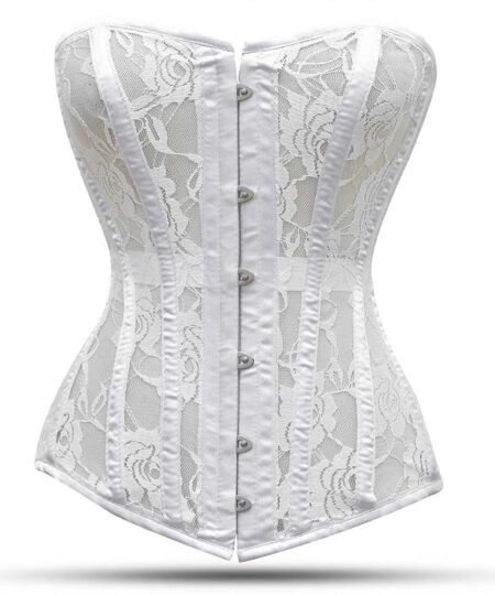 White steel boned overbust corset with mesh bustier https://waisttraine.com/