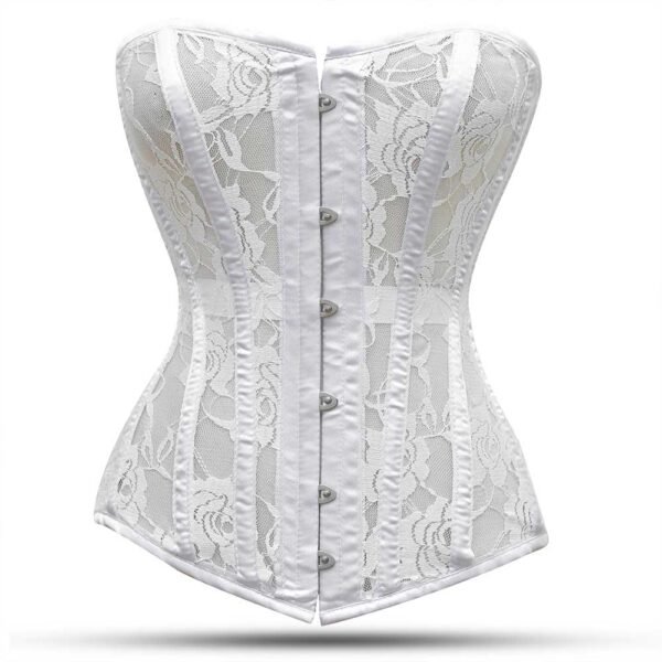White steel boned overbust corset with mesh bustier https://waisttraine.com/
