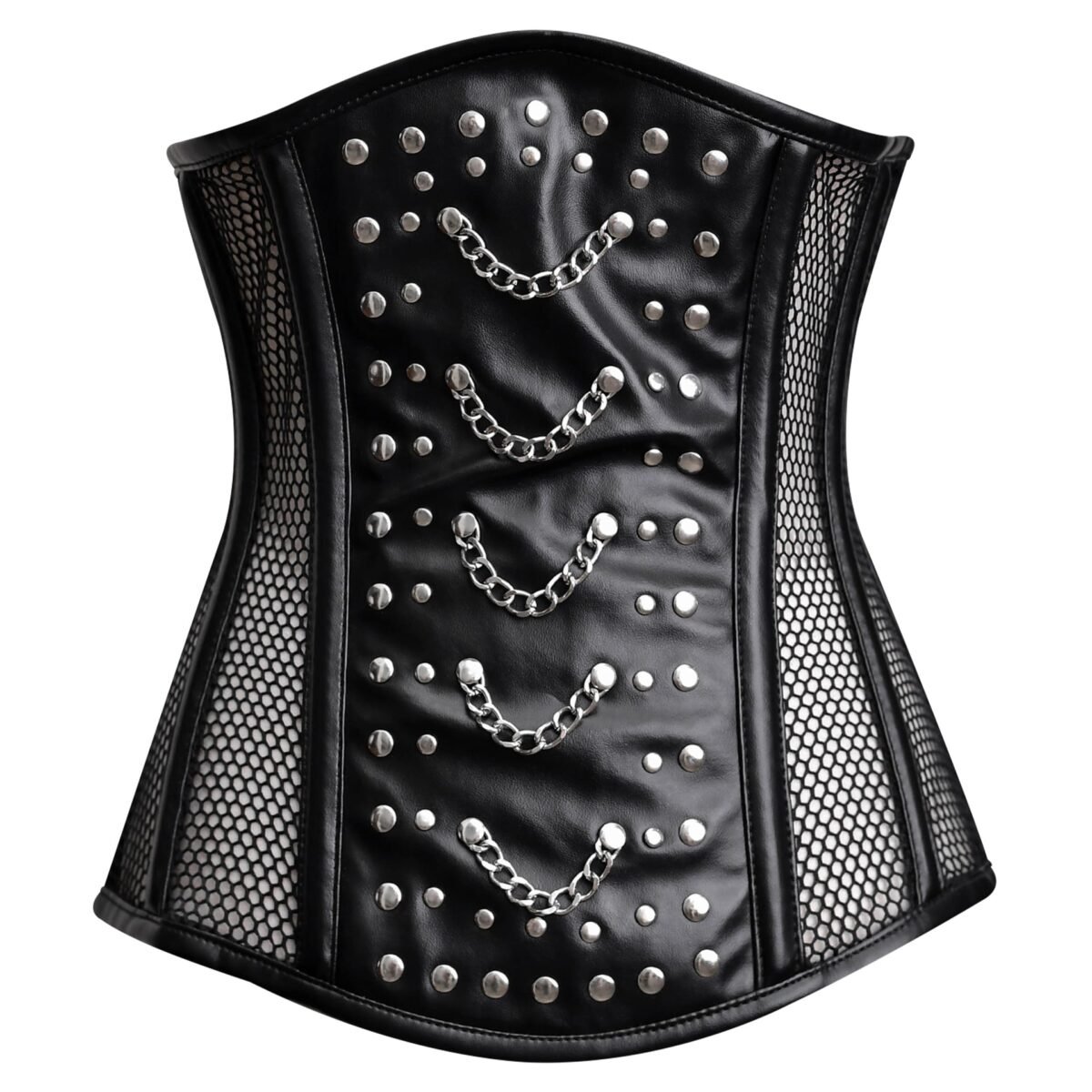 Black leather half bust corset with mesh https://waisttraine.com/