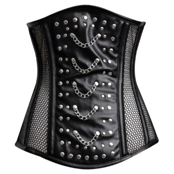 Black leather half bust corset with mesh https://waisttraine.com/