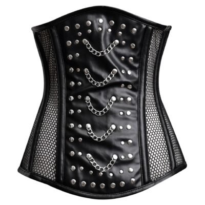 Black leather half bust corset with mesh https://waisttraine.com/