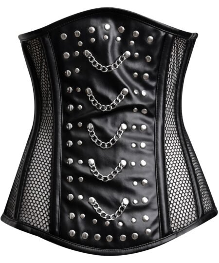 Black leather half bust corset with mesh https://waisttraine.com/
